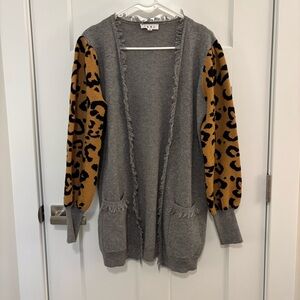 THML Gray and Tan Leopard Sleeve Sweater